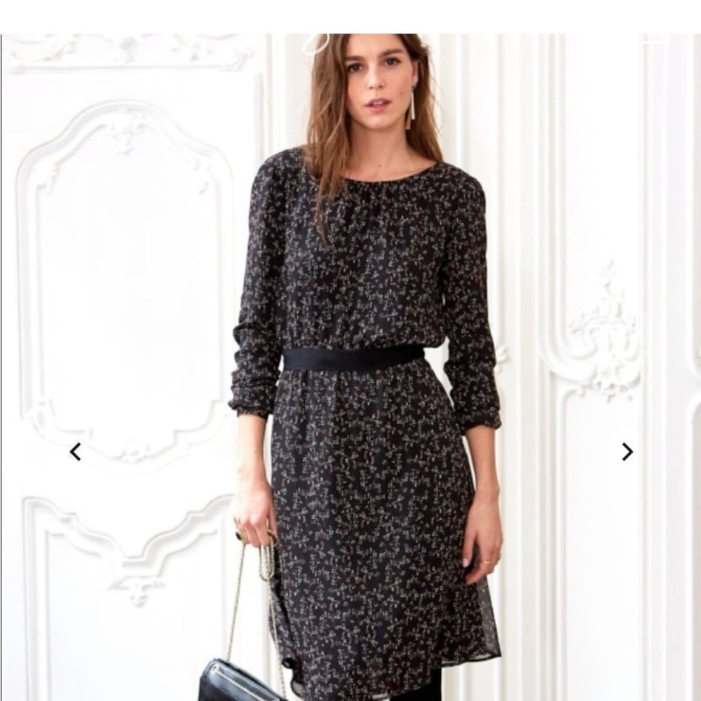 Sezane Black Floral Long Sleeve Dress